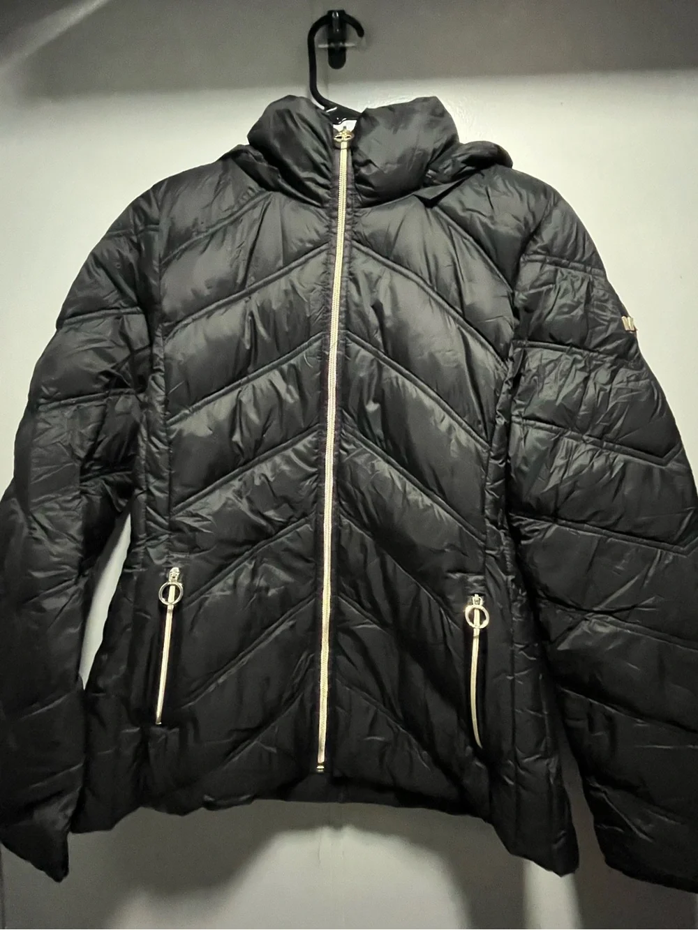 Michael Kors Black Quilted Hooded Puffer Jacket with Gold Zippers